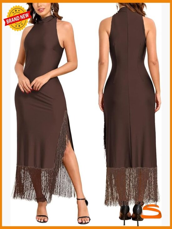 Dresses & Skirts - Vintage Flapper Maxi Dress High Neck Tassels Split Sleeveless Formal Gown
